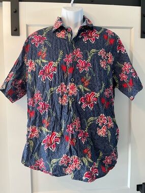 Mens Tommy Bahama Navy Blue Floral Short-Sleeve Button-Down Shirt Large